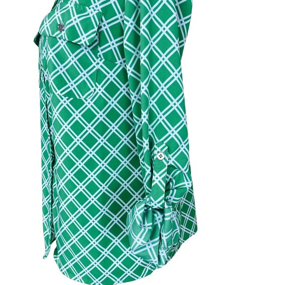 Kelly Green Diagonal Stripe Roll Tab Sleeve Button Down Top S Military Collar - Picture 4 of 8